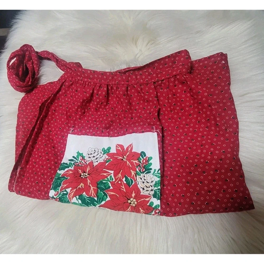 VTG Christmas Half Apron Red Ditsy Floral Poinsettia Graphic Pocket 